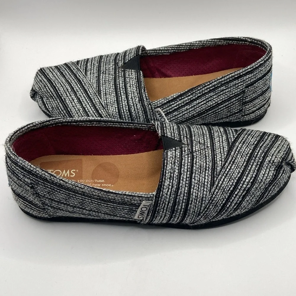 TOMS Metallic Stripe Textile Slip-Ons, Black/Silver, Size 6.5W